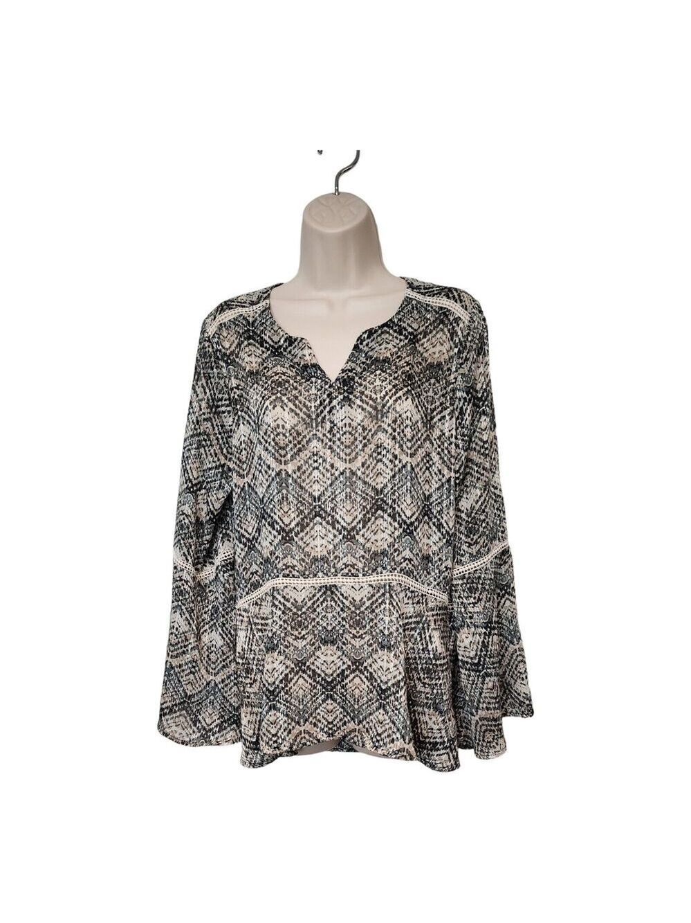 Sunny Leigh Tunic Blouse Metallic Thread Bell Sleeve Lace Accent Size Large